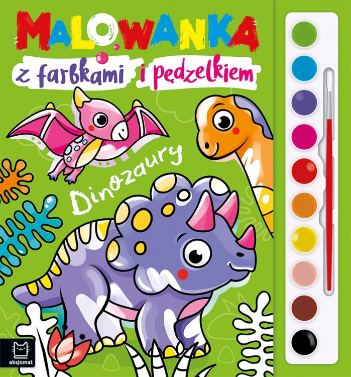 Malowanka Dinozaury AKSJOMAT z zestawem 10 kolorów farb i pędzelkiem, format 290x270x1 mm