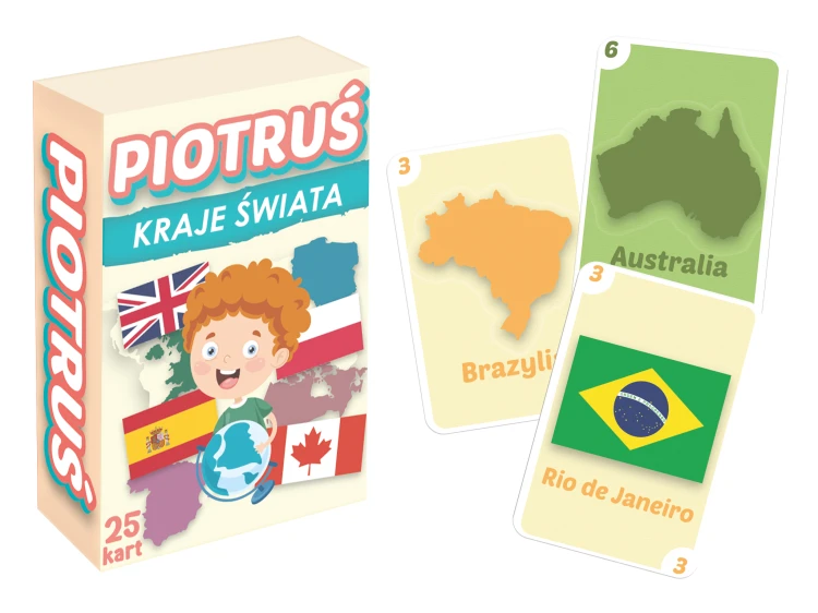 Edukacyjna gra karciana Piotruś Kraje Świata MINI marki KANGUR z kolorowymi kartami