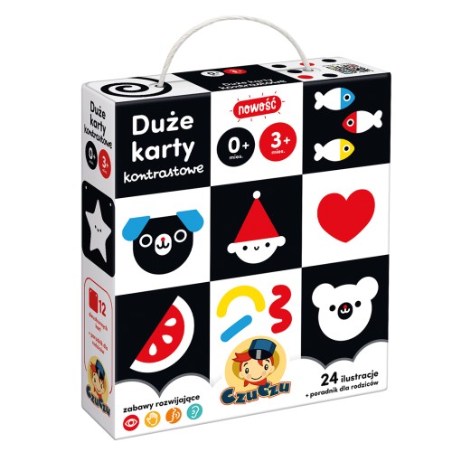 Duże karty kontrastowe dla niemowląt 0+ Bright Junior Media z 24 ilustracjami na sznurku