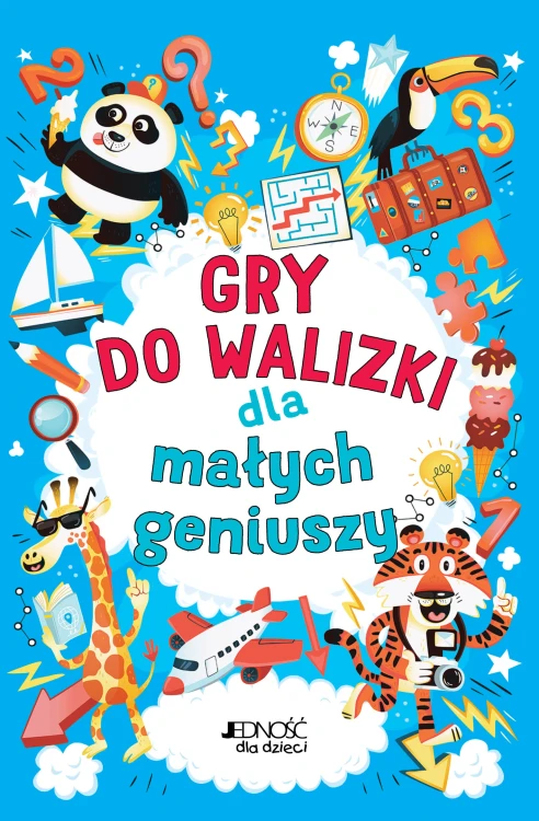 Okładka książki "Gry do walizki dla małych geniuszy" wydawnictwa Jedność, zawierająca 101 łamigłówek i zagadek logicznych dla dzieci