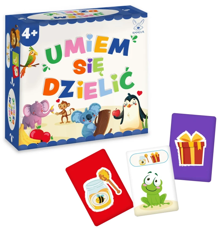 Gra edukacyjna Umiem się dzielić KANGUR z planszą i elementami do nauki dzielenia się
