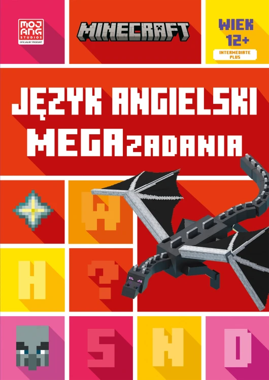 Okładka książki Minecraft. Język angielski. Megazadania 12+ wydawnictwa HARPERKIDS przedstawiająca motywy z gry Minecraft