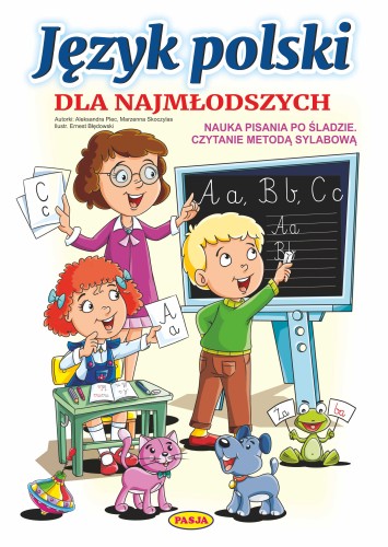 Książka edukacyjna Język polski dla najmłodszych wydawnictwa Pasja, widok okładki i stron z ćwiczeniami