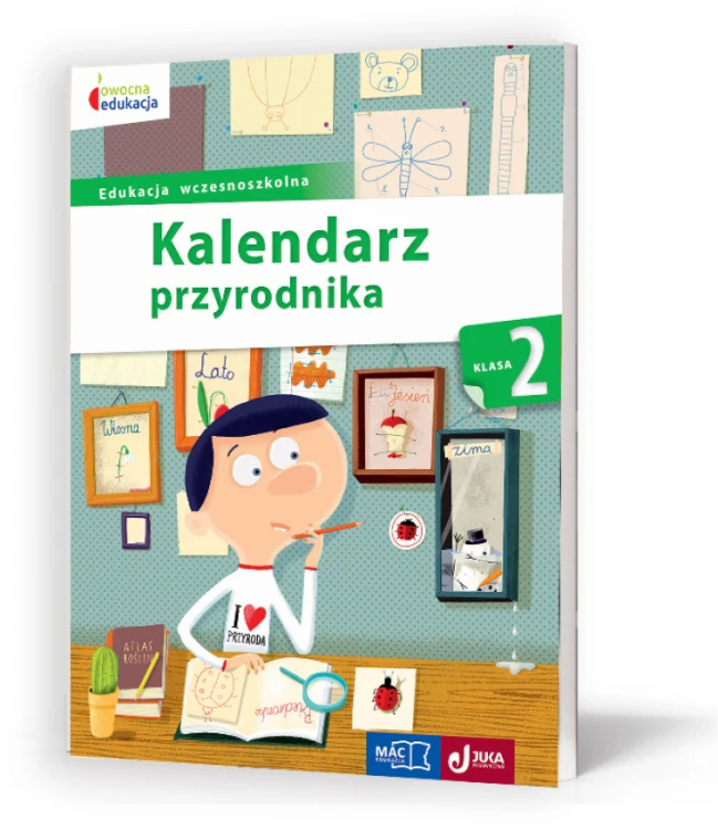 Okładka edukacyjnego kalendarza przyrodnika dla klasy 2 wydawnictwa MAC PODRĘCZNIKI z ilustracjami pór roku