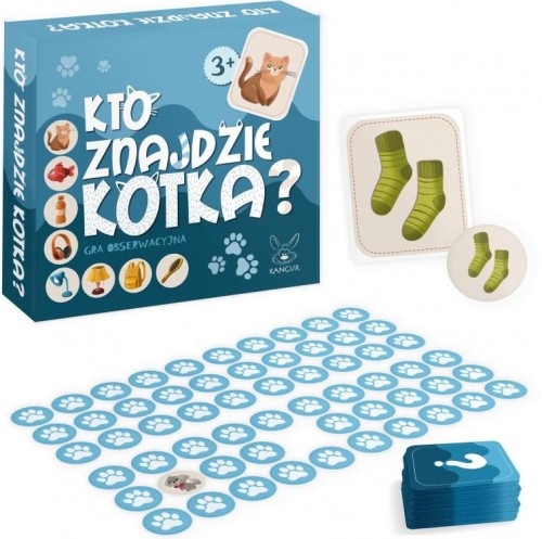 Gra obserwacyjna Kto znajdzie kotka? KANGUR - zestaw żetonów i kart o wymiarach 172x182 mm