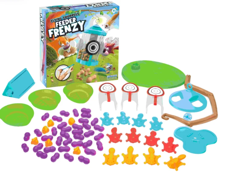 Latające Wiewiórki gra zręcznościowa PlayMonster - widok planszy z elementami do rzucania i karmnikiem