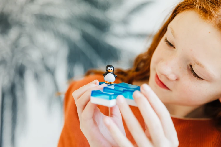 Widok z góry na planszę i elementy gry Pingwiny na Lodzie od IUVI Games