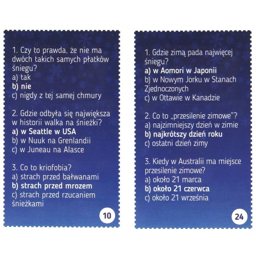 Rozłożone karty gry Dzieci kontra Rodzice. Zimowe Zagadki z pytaniami dla dzieci i rodziców