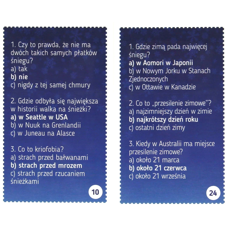 Rozłożone karty gry Dzieci kontra Rodzice. Zimowe Zagadki z pytaniami dla dzieci i rodziców