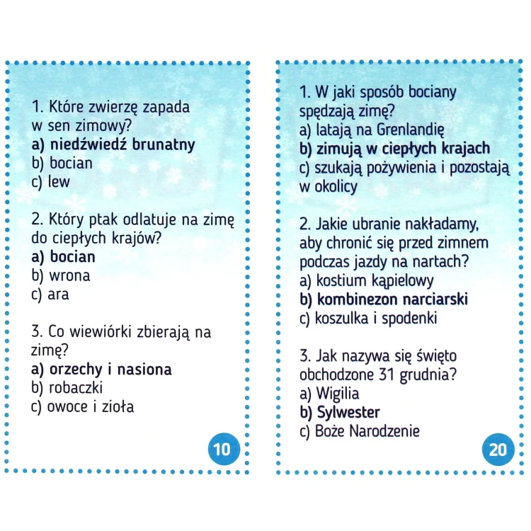 Zbliżenie na instrukcję i karty pułapki w grze edukacyjnej Zimowe Zagadki KANGUR