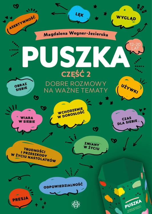 Puszka z pytaniami do treningu umiejętności społecznych dla młodzieży 12–20 lat HARMONIA, widok opakowania i materiałów