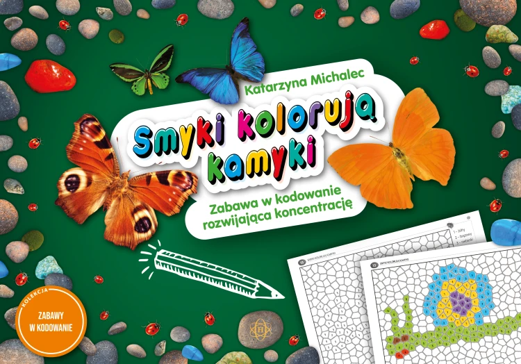 Okładka książki Smyki kolorują kamyki wydawnictwa HARMONIA z kolorowanką dla dzieci od 5 lat