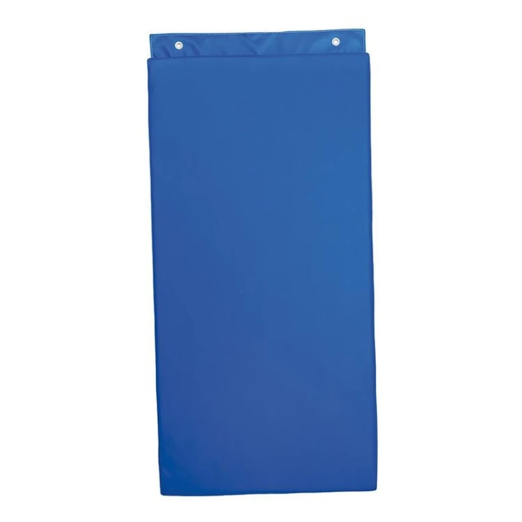 Niebieski materac piankowy 120 x 60 x 3,5 cm z ekoskórą, pokazany z przodu wraz z otworami do montażu na ścianie