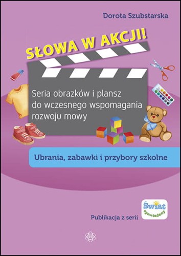 Okładka książki "Słowa w akcji!" wydawnictwa HARMONIA z planszami do wspomagania rozwoju mowy małych dzieci