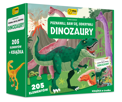 Puzzle edukacyjne Dinozaury 205 elementów z książeczką WILGA PLAY, widok opakowania i ułożonego obrazka