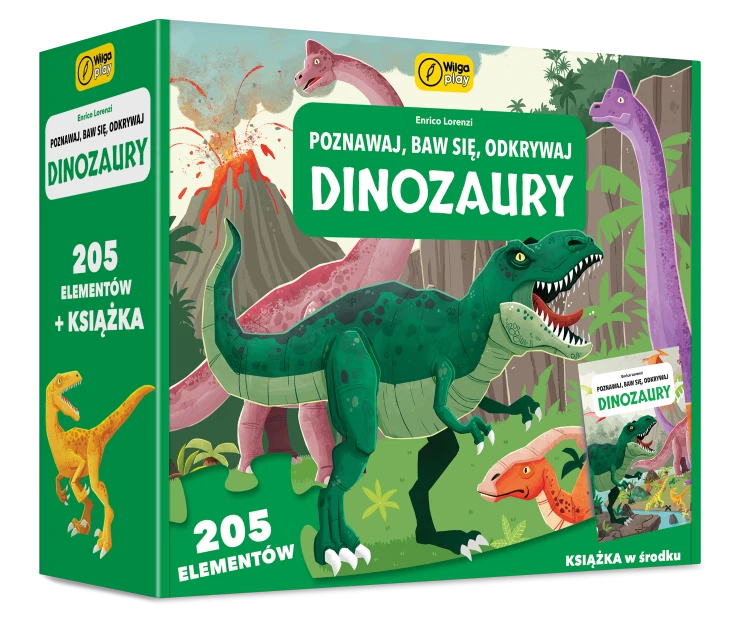 Puzzle edukacyjne Dinozaury 205 elementów z książeczką WILGA PLAY, widok opakowania i ułożonego obrazka