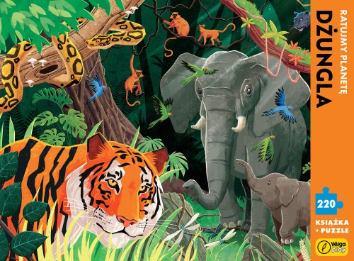 Puzzle Dżungla. Ratujmy planetę 220 elementów z książką edukacyjną marki WILGA PLAY, widok opakowania