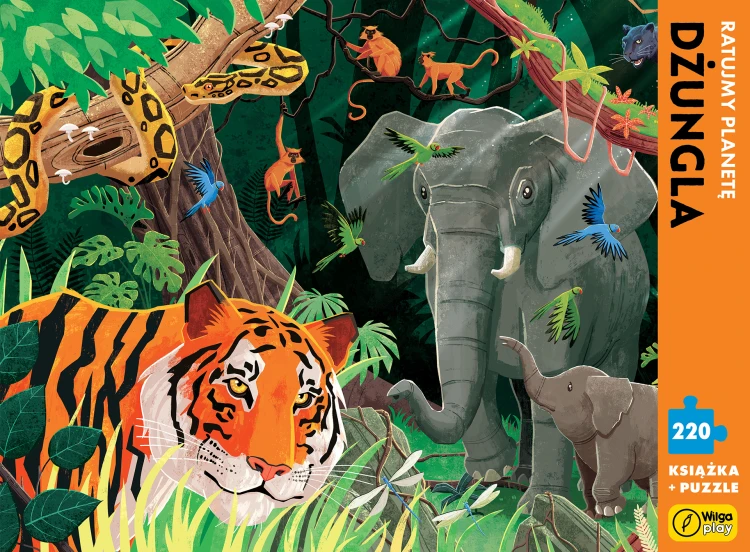 Puzzle Dżungla. Ratujmy planetę 220 elementów z książką edukacyjną marki WILGA PLAY, widok opakowania