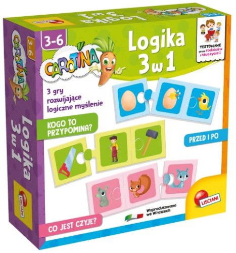 Logika 3w1 Carotina Lisciani, gra edukacyjna z kolorowymi obrazkami i minipuzzlami