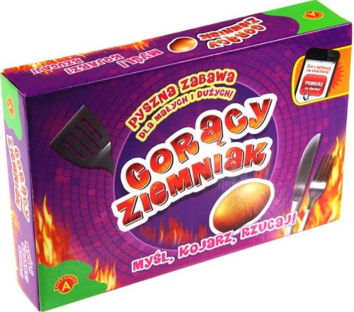 Elementy gry Gorący Ziemniak: pionki, bączek i kulka, przygotowane do rodzinnej rozgrywki