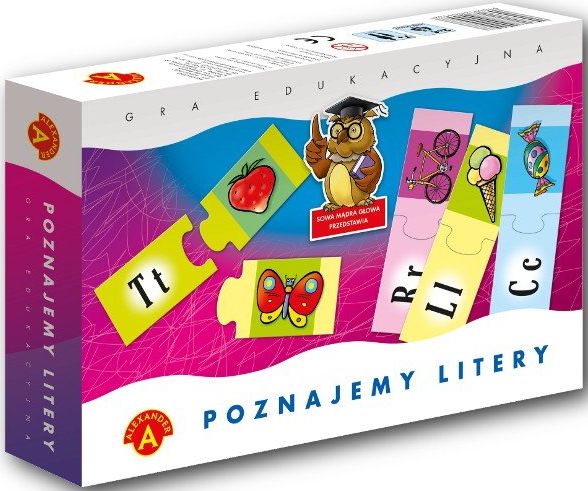 Widok elementów gry Poznajemy Litery - plansze z literami i obrazkami, ALEXANDER GRY