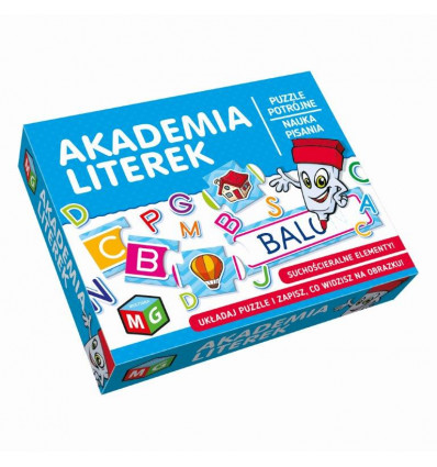 Widok zestawu puzzli edukacyjnych Akademia literek MULTIGRA z detalem puzzli i mazak