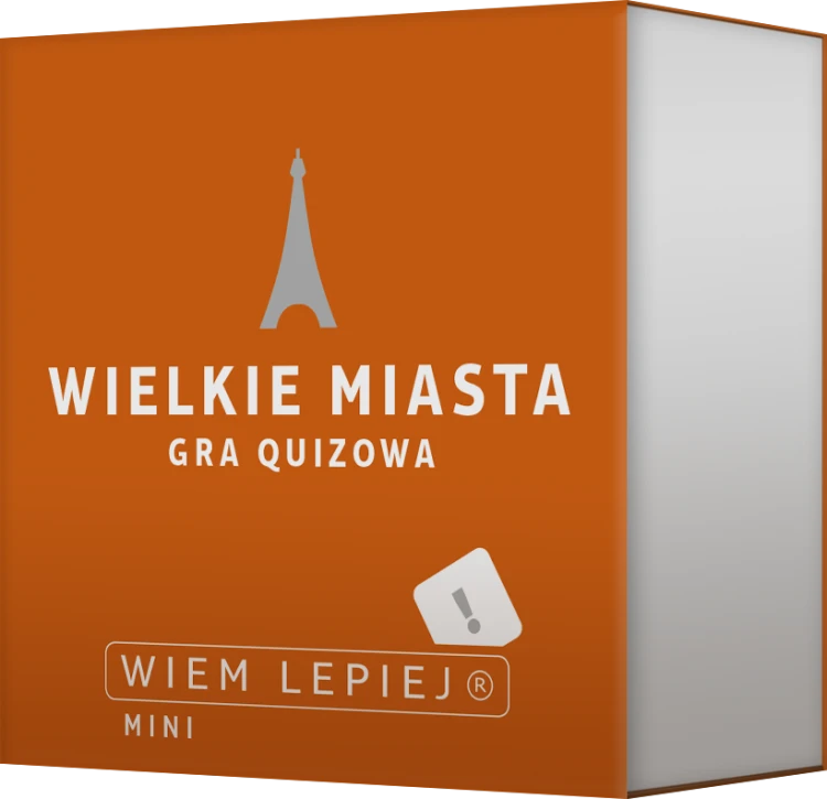 Opakowanie gry quizowej Wiem lepiej Wielkie miasta wydawnictwa REBEL z widocznymi kartami