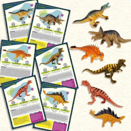 Modele dinozaurów z zestawu edukacyjnego Lisciani – szczegóły figur i karty edukacyjne