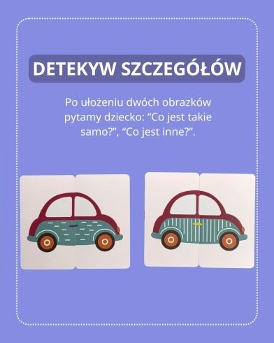 Widok kart układanki Połóweczki Auto i Miś – trzy poziomy trudności i kolorowe połówki obrazków
