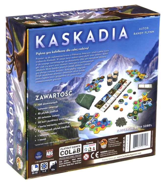 Widok z bliska na pionki zwierząt i planszę gry Kaskadia Lucky Duck Games