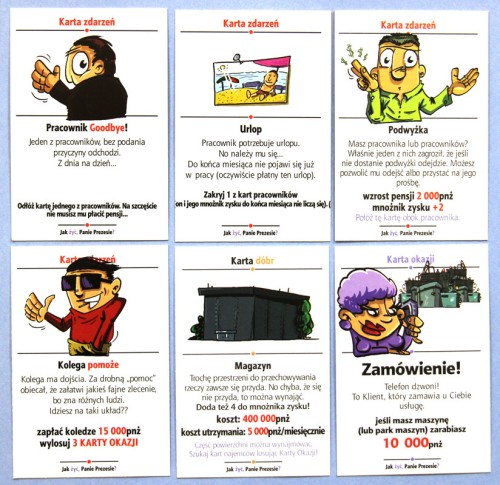 Plansza i karty ekonomicznej gry Jak żyć, Panie Prezesie? wydawnictwa JAWA GRY