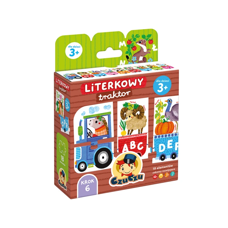 Puzzle edukacyjne Literkowy traktor Bright Junior Media z 18 elementami i kolorowymi wagonikami