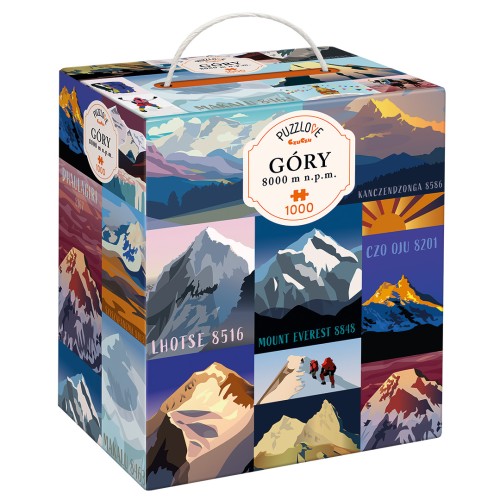 Puzzle rodzinne Puzzlove Góry 8000 m n.p.m. firmy Bright Junior Media - pudełko i ułożona układanka