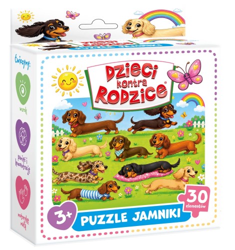 Zbliżenie na elementy puzzli Jamniki KANGUR - zestaw 30 elementów do układania