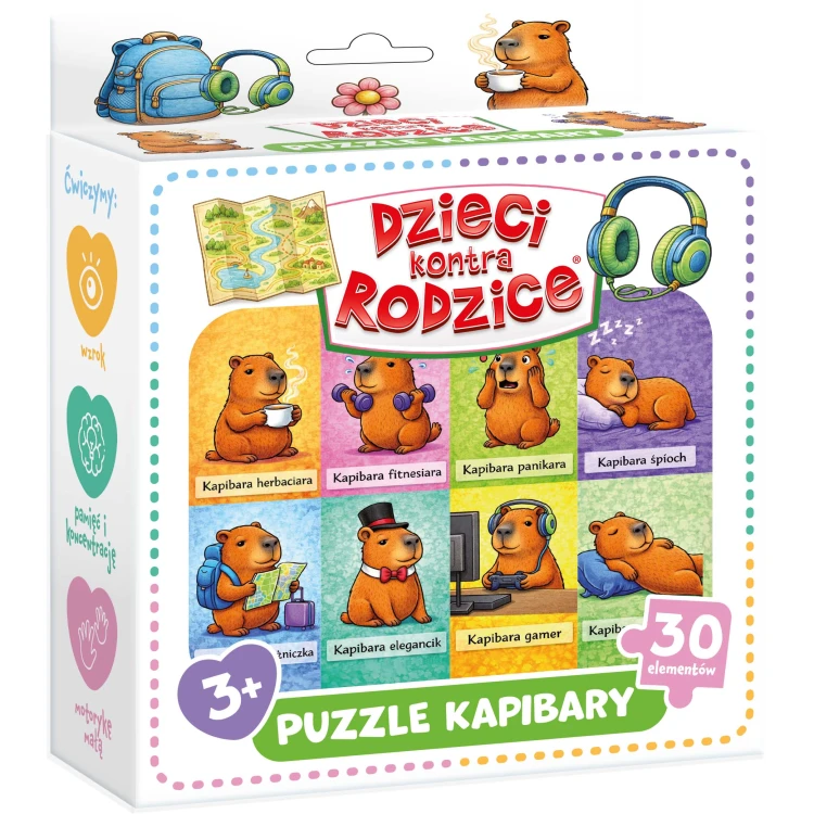 Zbliżenie na elementy puzzli Kapibary KANGUR do układania