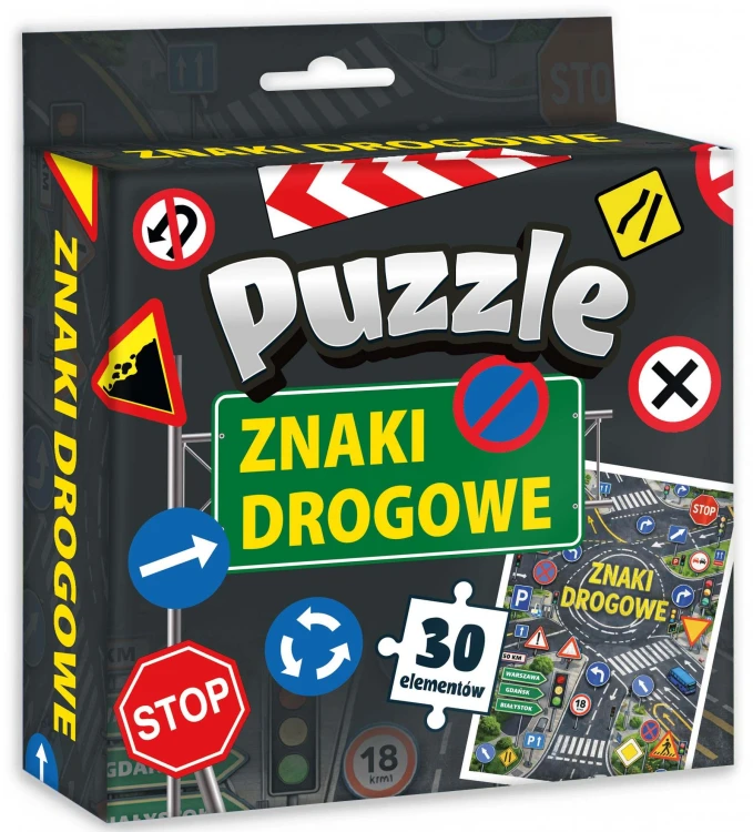 Elementy puzzli KANGUR z ilustracjami znaków drogowych do nauki i zabawy