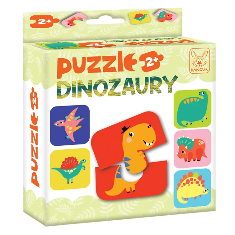 Zbliżenie na elementy puzzli Dinozaury 2+ KANGUR oraz ich opakowanie