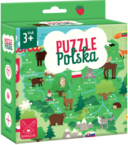Zbliżenie na poszczególne elementy puzzli edukacyjnych Polska KANGUR