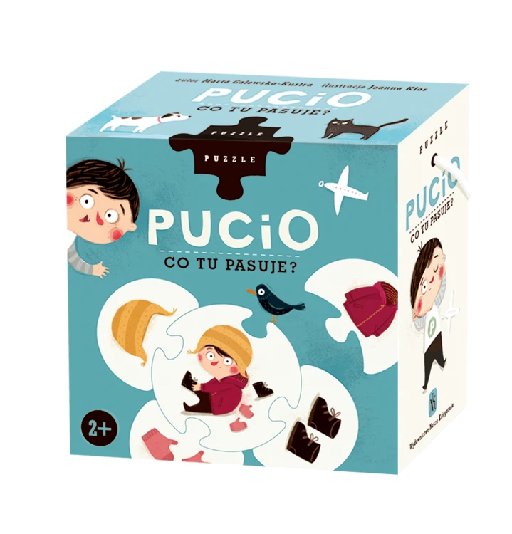 Zbliżenie na elementy puzzli Pucio przedstawiające codzienne przedmioty