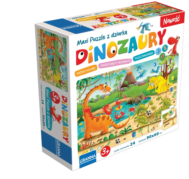 Puzzle z dinozaurami GRANNA – ilustracja układanki w dużym formacie 90 × 60 cm