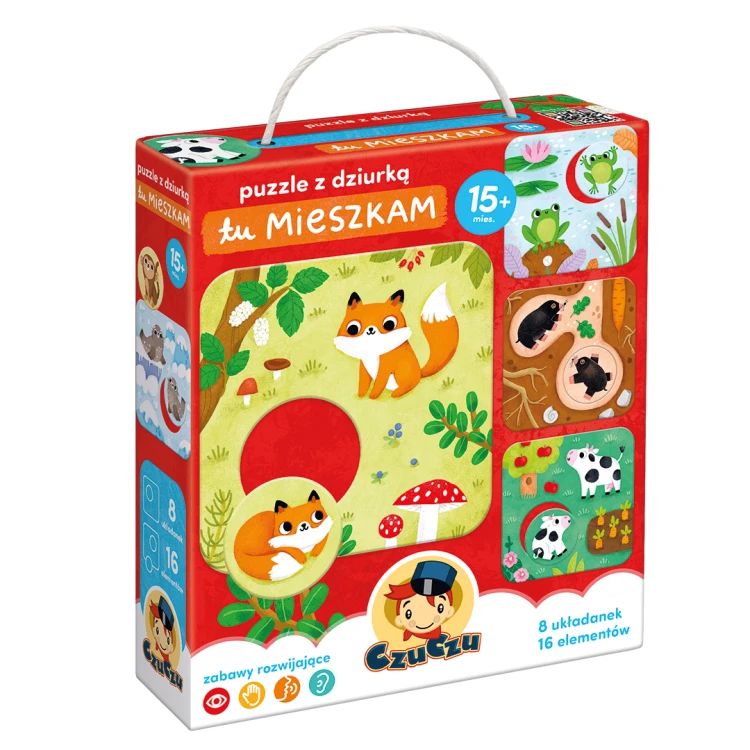 Puzzle z dziurką Tu mieszkam Bright Junior Media – edukacyjny zestaw puzzli 16 elementów dla najmłodszych