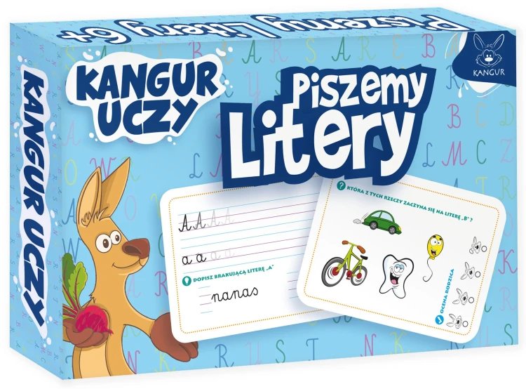 Karty i zadania w edukacyjnej grze Kangur Uczy. Piszemy litery dla dzieci 6 plus