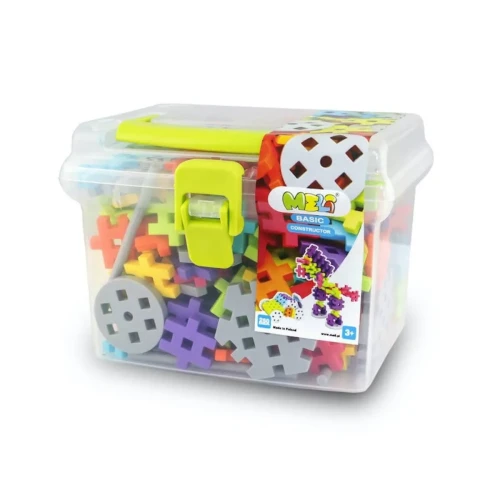 Zestaw klocków konstrukcyjnych Basic Constructor Travel Box MELI w pudełku z rączką, widok z góry