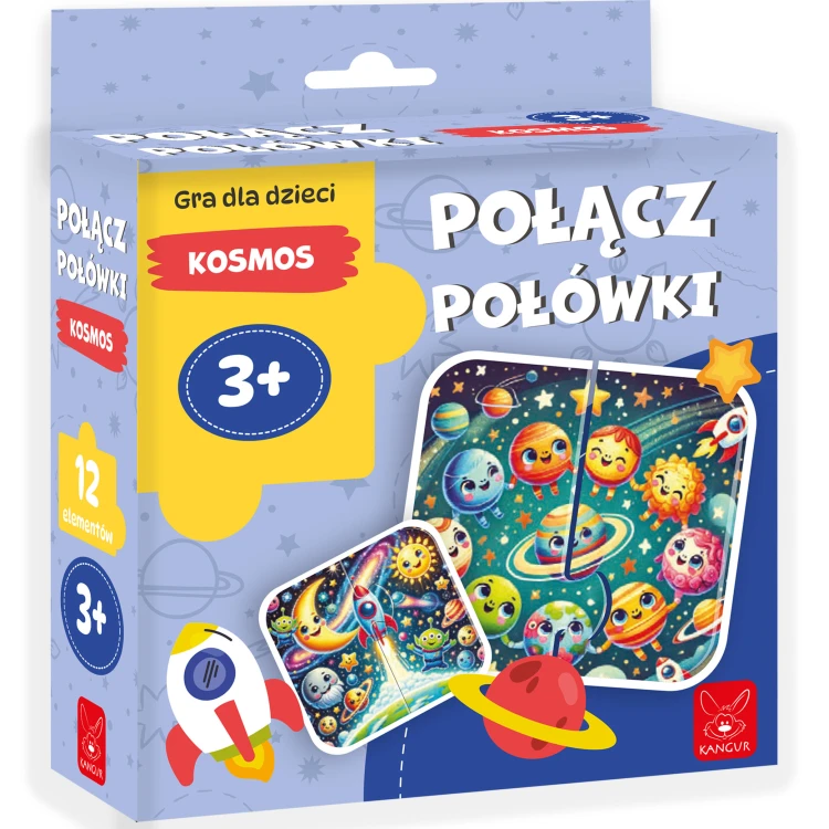 Zbliżenie na elementy puzzli edukacyjnych Połącz Połówki Kosmos KANGUR - 12 elementów