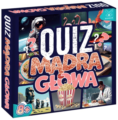 Widok zestawu kart do gry Quiz Mądra Głowa KANGUR oraz instrukcji