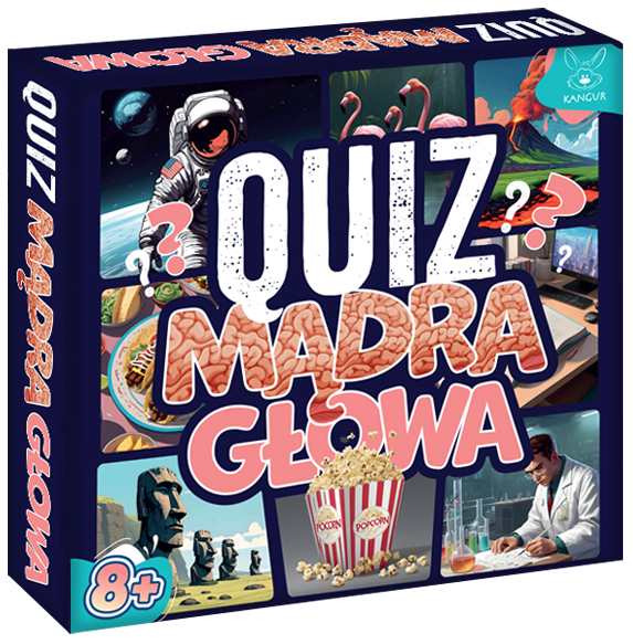 Widok zestawu kart do gry Quiz Mądra Głowa KANGUR oraz instrukcji