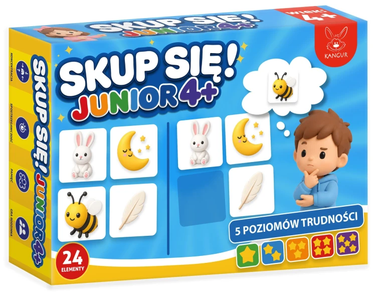 Widok z bliska na planszę i karty gry Skup się! Junior 4+ od KANGUR