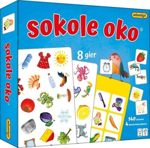 Gra edukacyjna Sokole oko ADAMIGO z planszami i żetonami do wspólnej zabawy