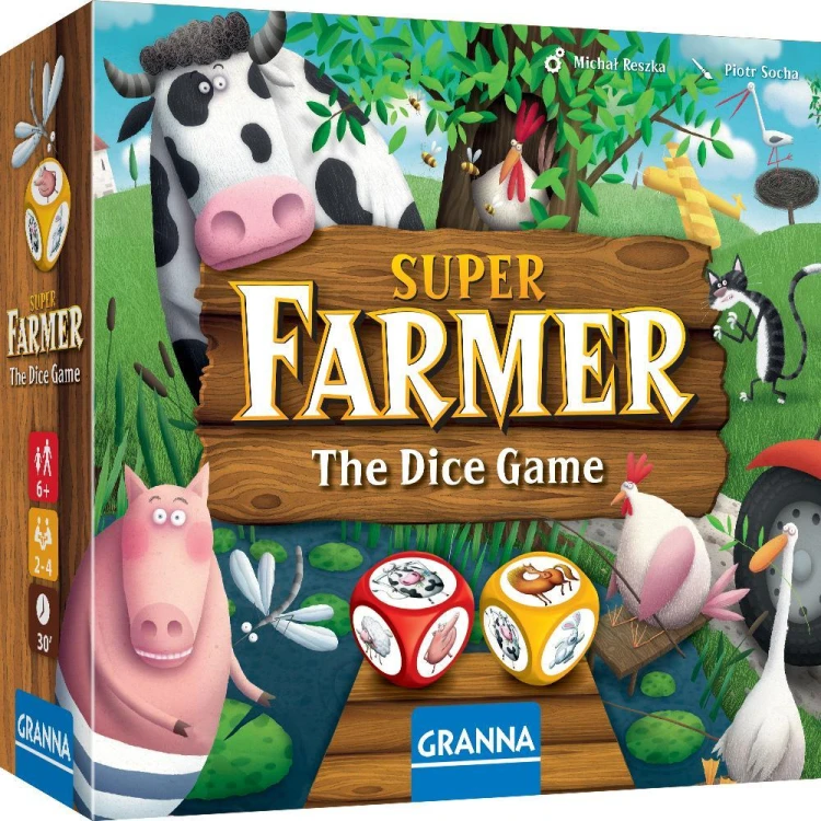 Kolorowe kości i plansza do Superfarmer The Dice Game od wydawnictwa GRANNA