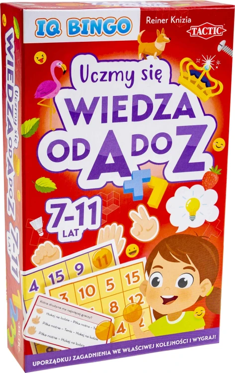 IQ Bingo Tactic Games z kartami zadań, planszami bingo i żetonami do wspólnej rozgrywki.